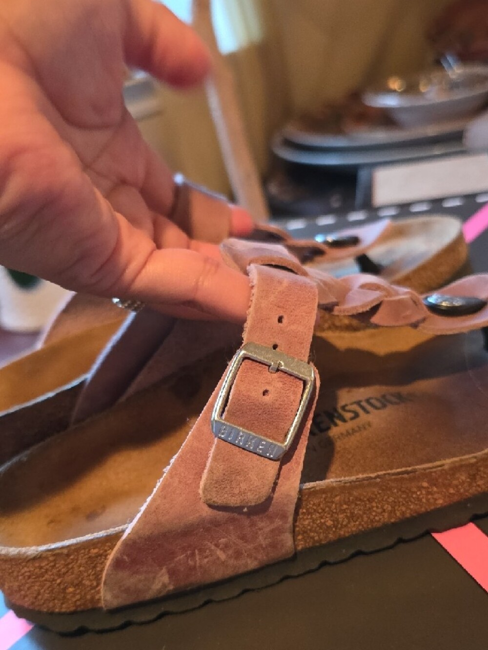 Birkenstock Pink Braided Suede Thong Sandals - Picture 4 of 10